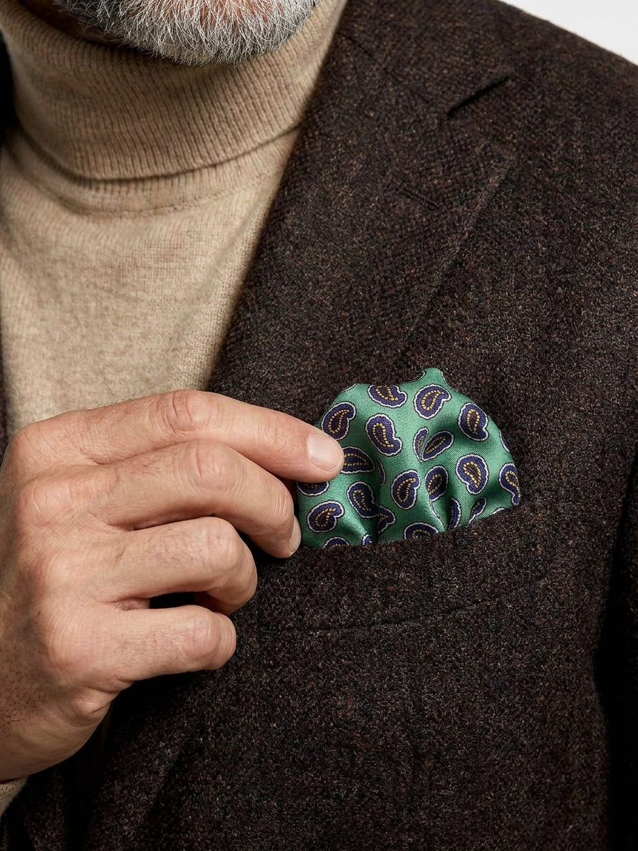Fazzoletto da taschino verde XL in seta stampata JEAN