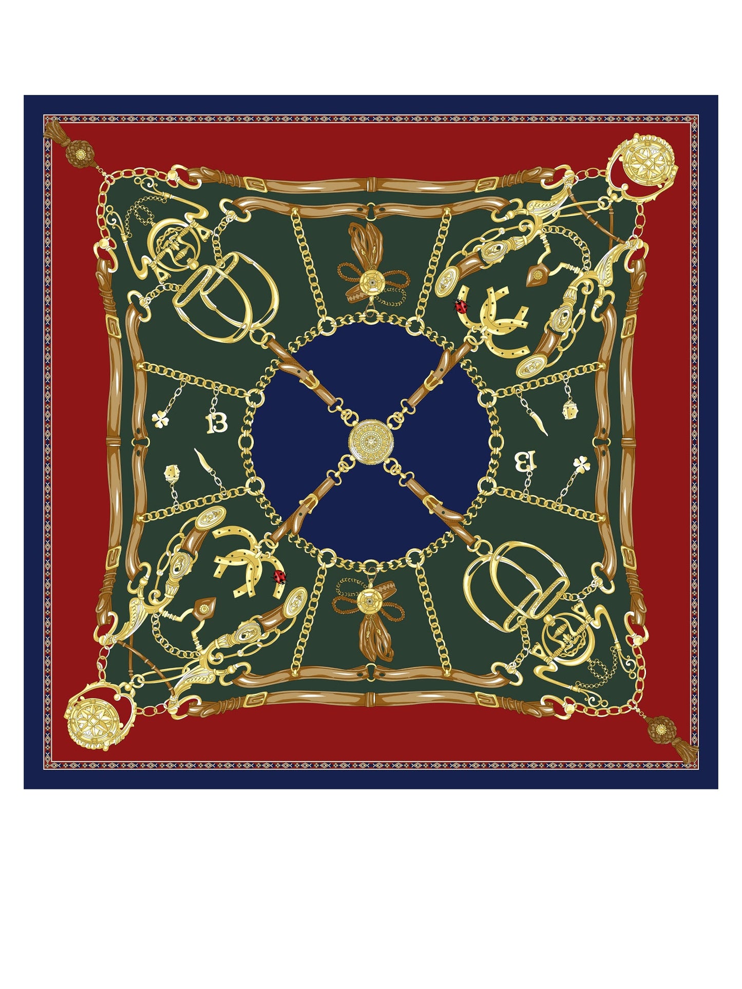 Green silk printed scarf 90x90cm GOOD LUCK