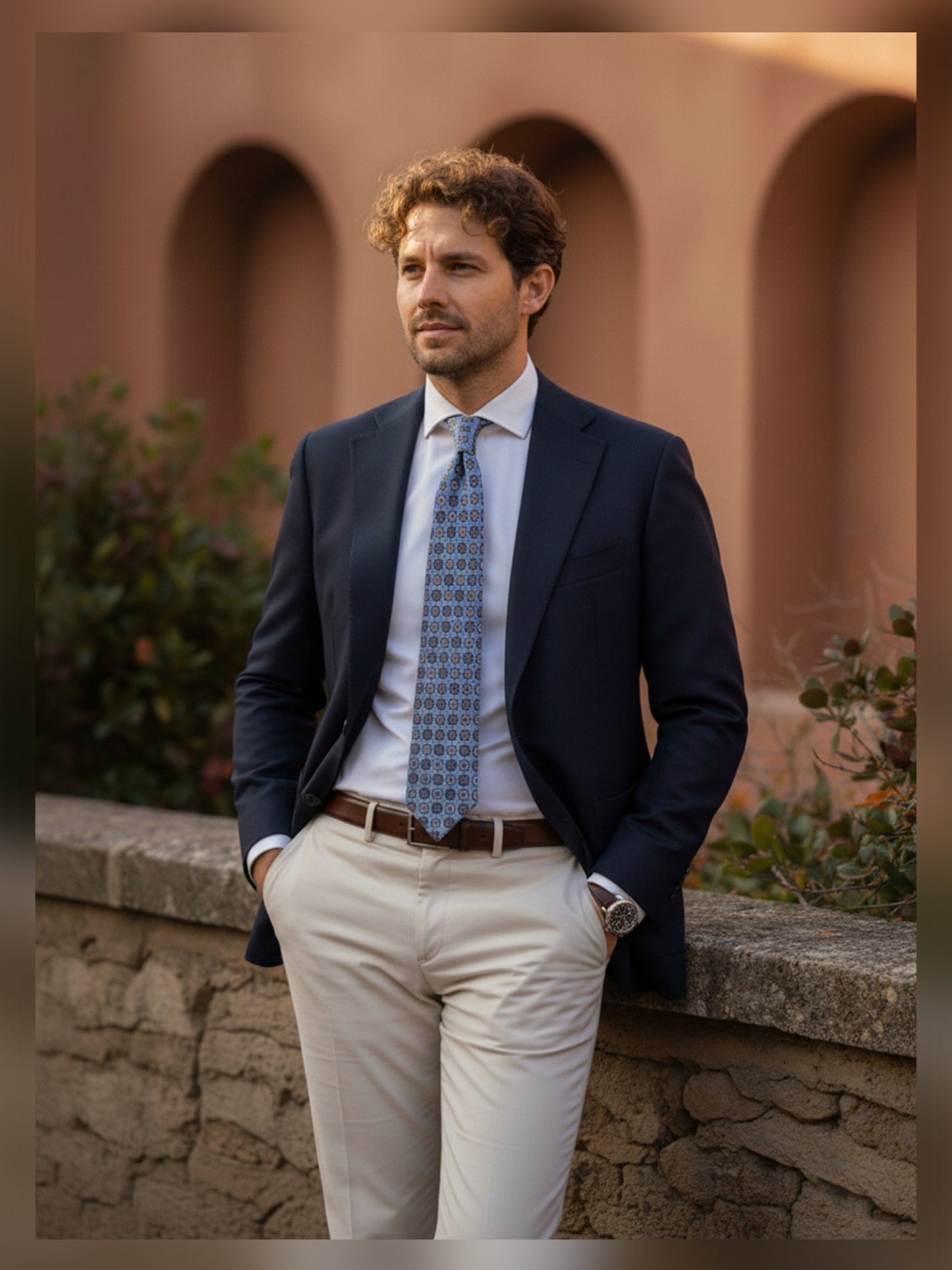Teal Tie 3 Folds ASSUNTA in Printed English Silk