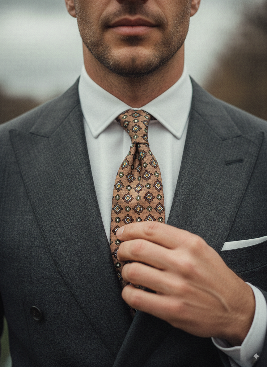 Beige Tie 3 Folds MANTOVA in Italian Madder Silk