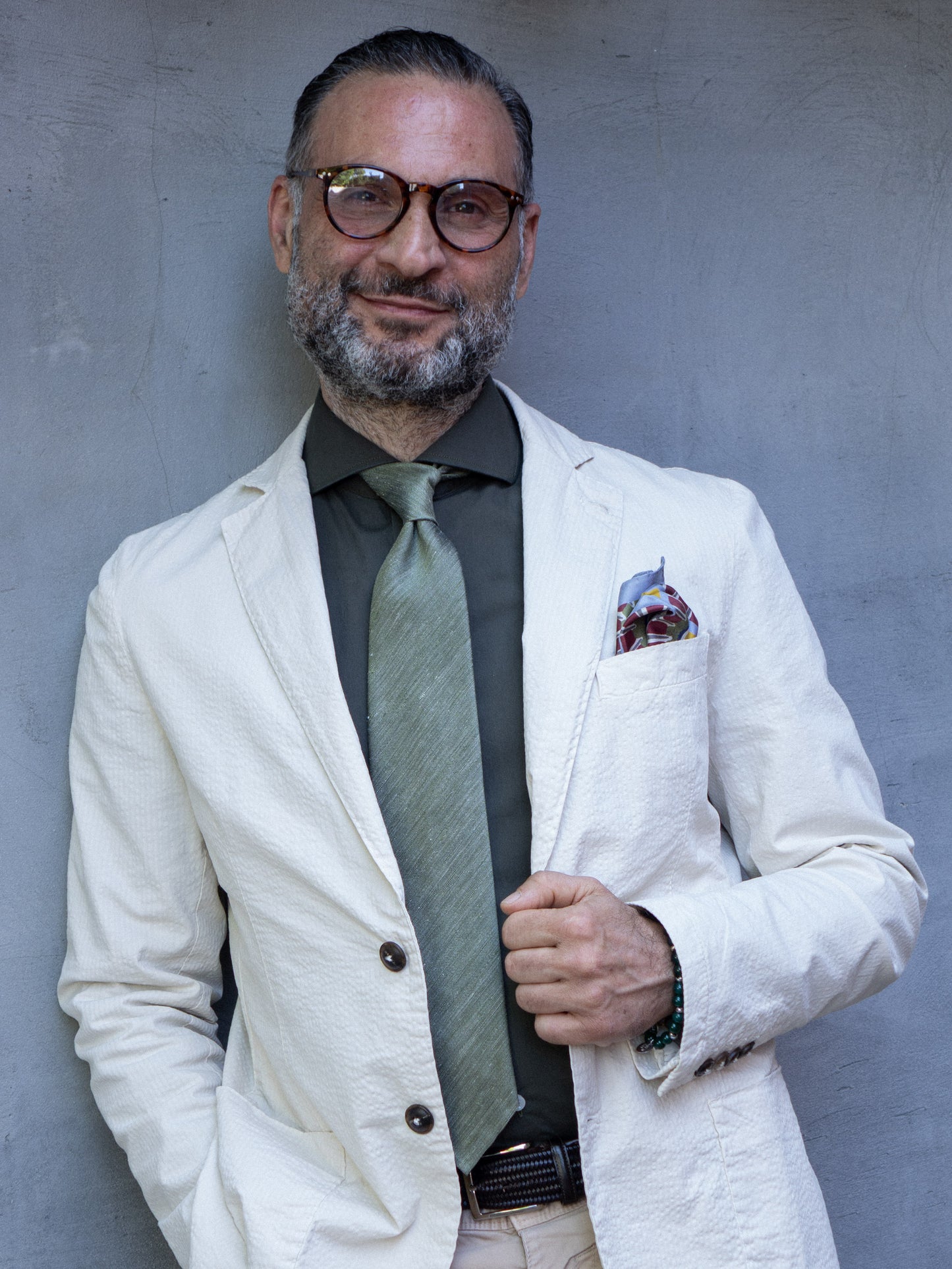 DAFNE unlined green tailored tie in linen/silk