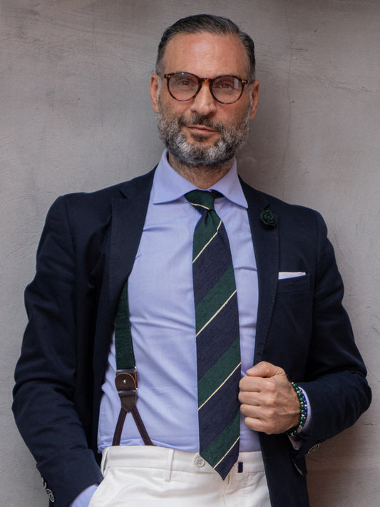 Unlined 3 Folds Tie DEDALA 100% Shantung Silk Blue/Green