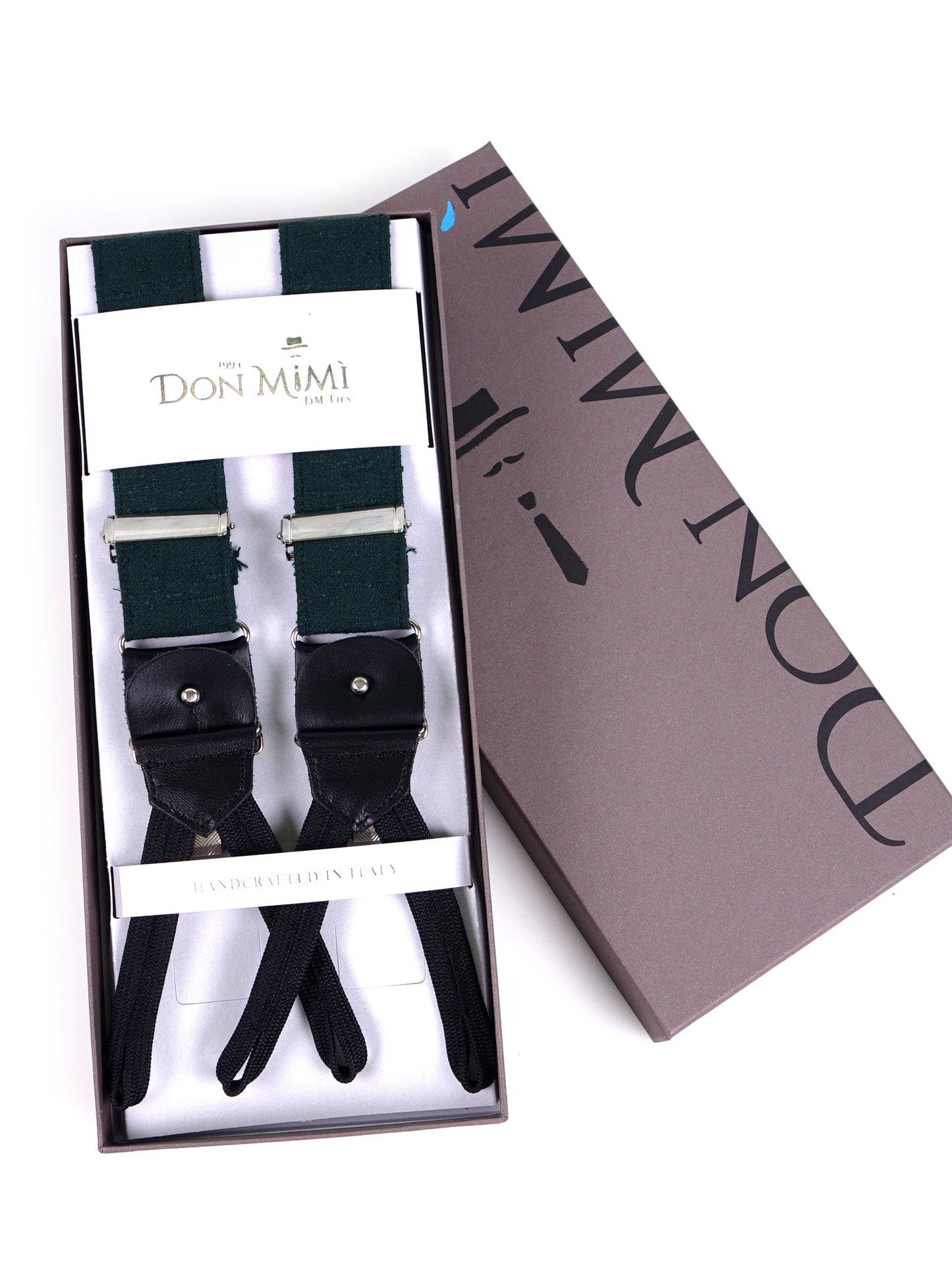 Green Shantung Silk Y-Back Suspenders with Fabric Ends and FARMA Clips