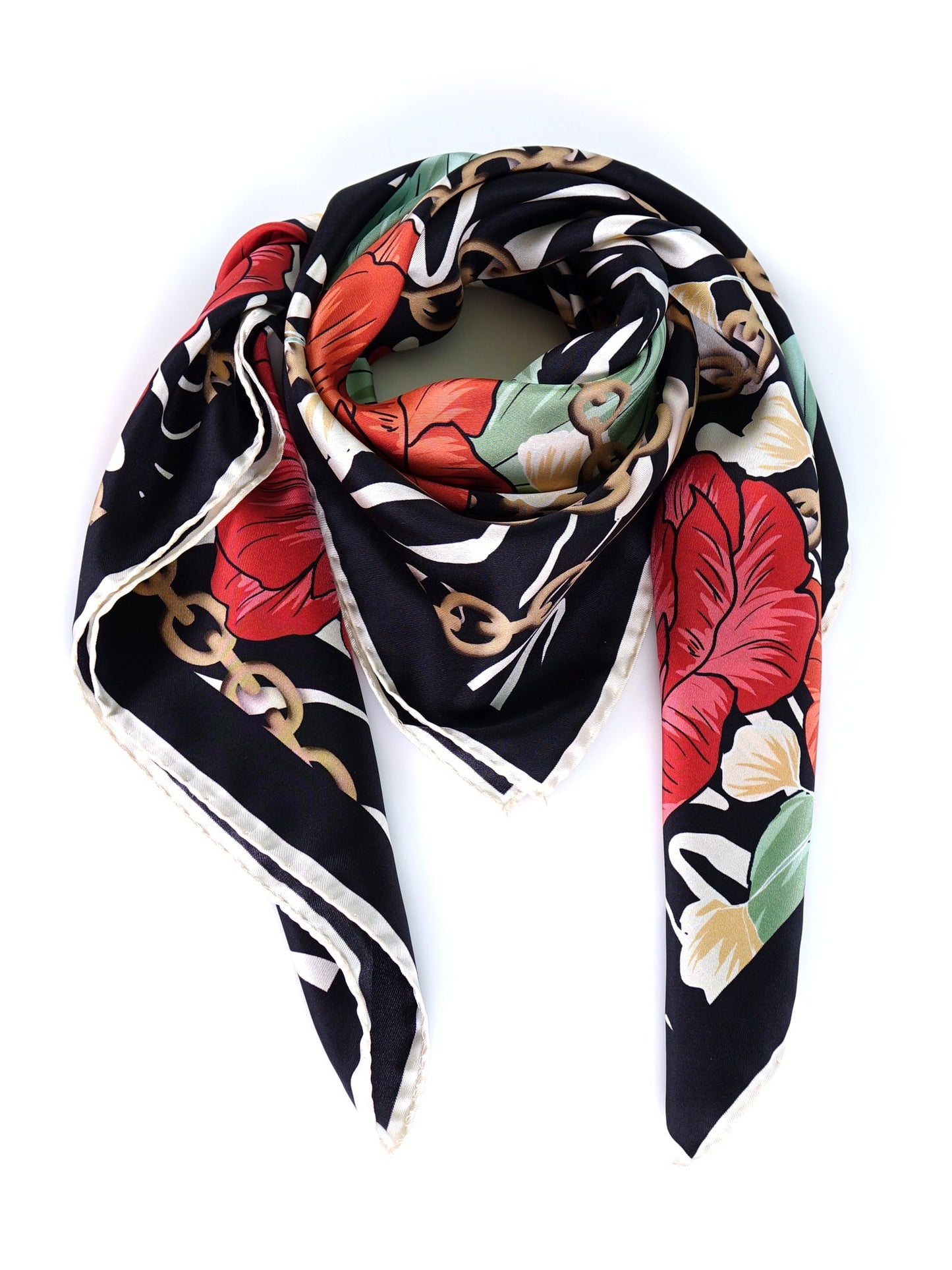 Black Background Printed Silk Stole Scarf ROSE