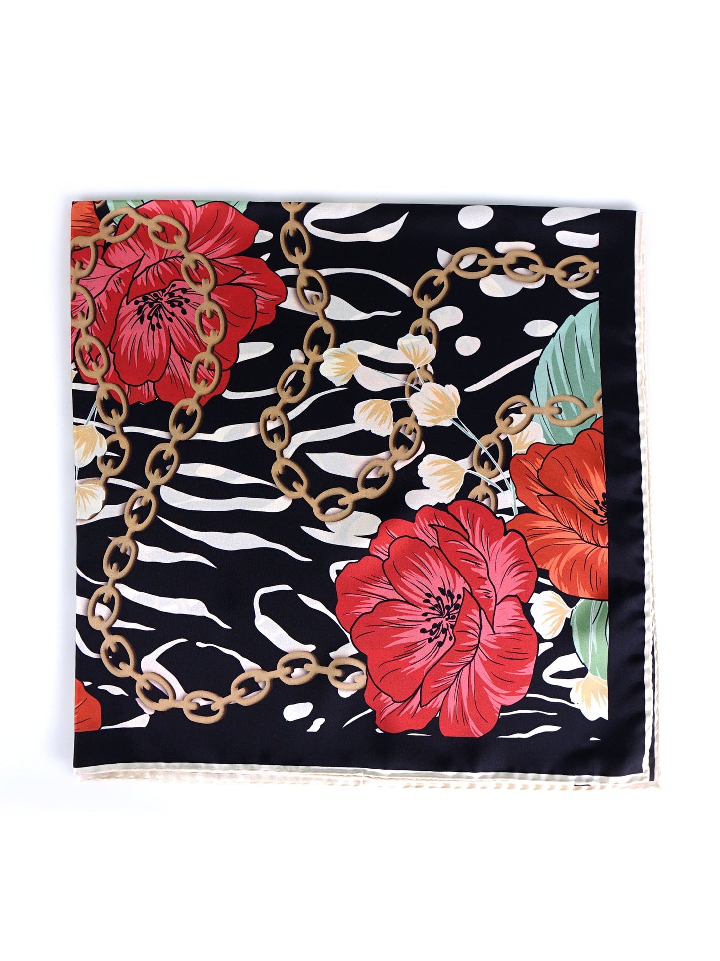Black Background Printed Silk Stole Scarf ROSE