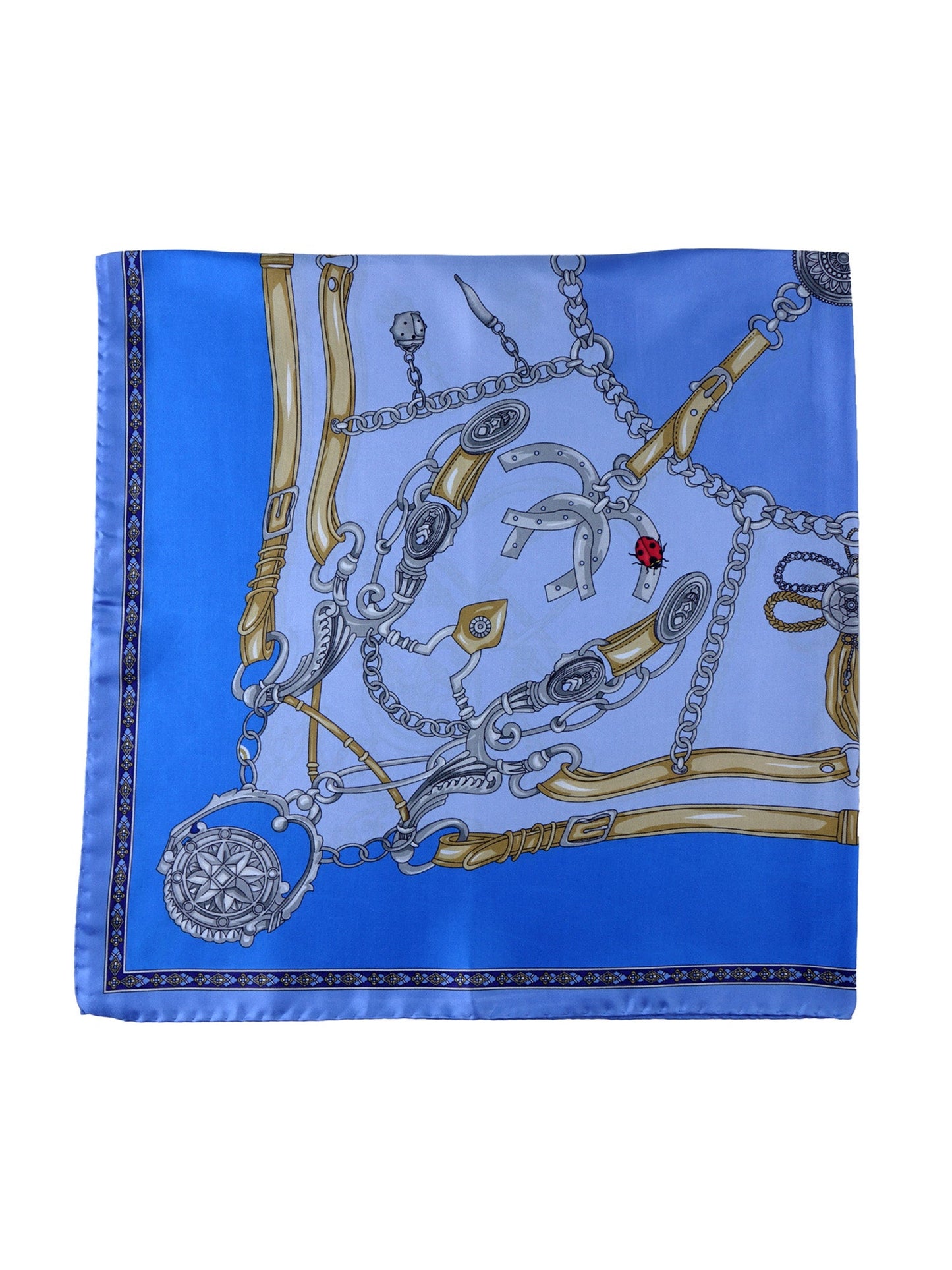 Light blue silk scarf 90x90cm printed GOOD LUCK