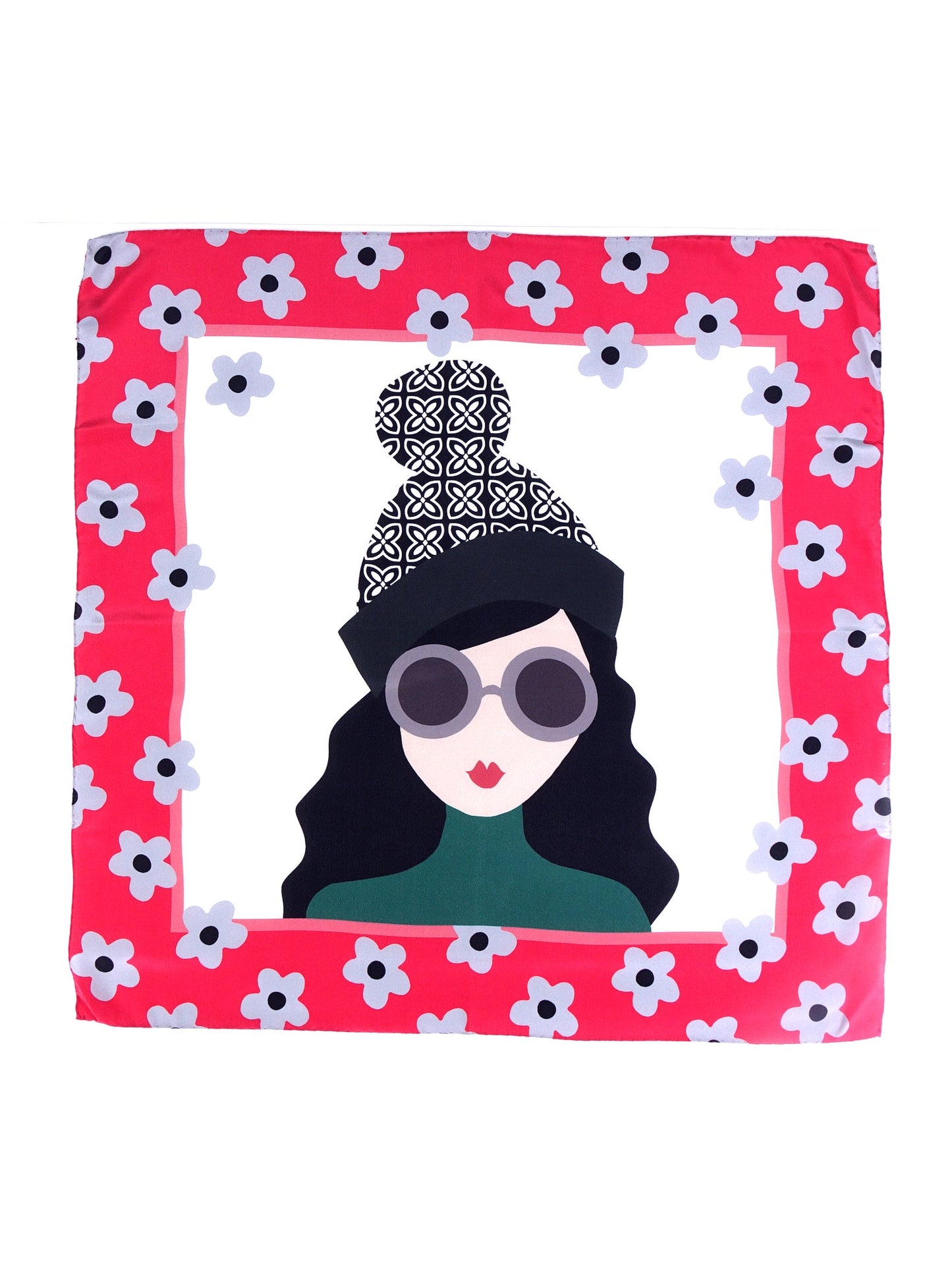 Red scarf 70x70cm in crinkled silk printed LADY
