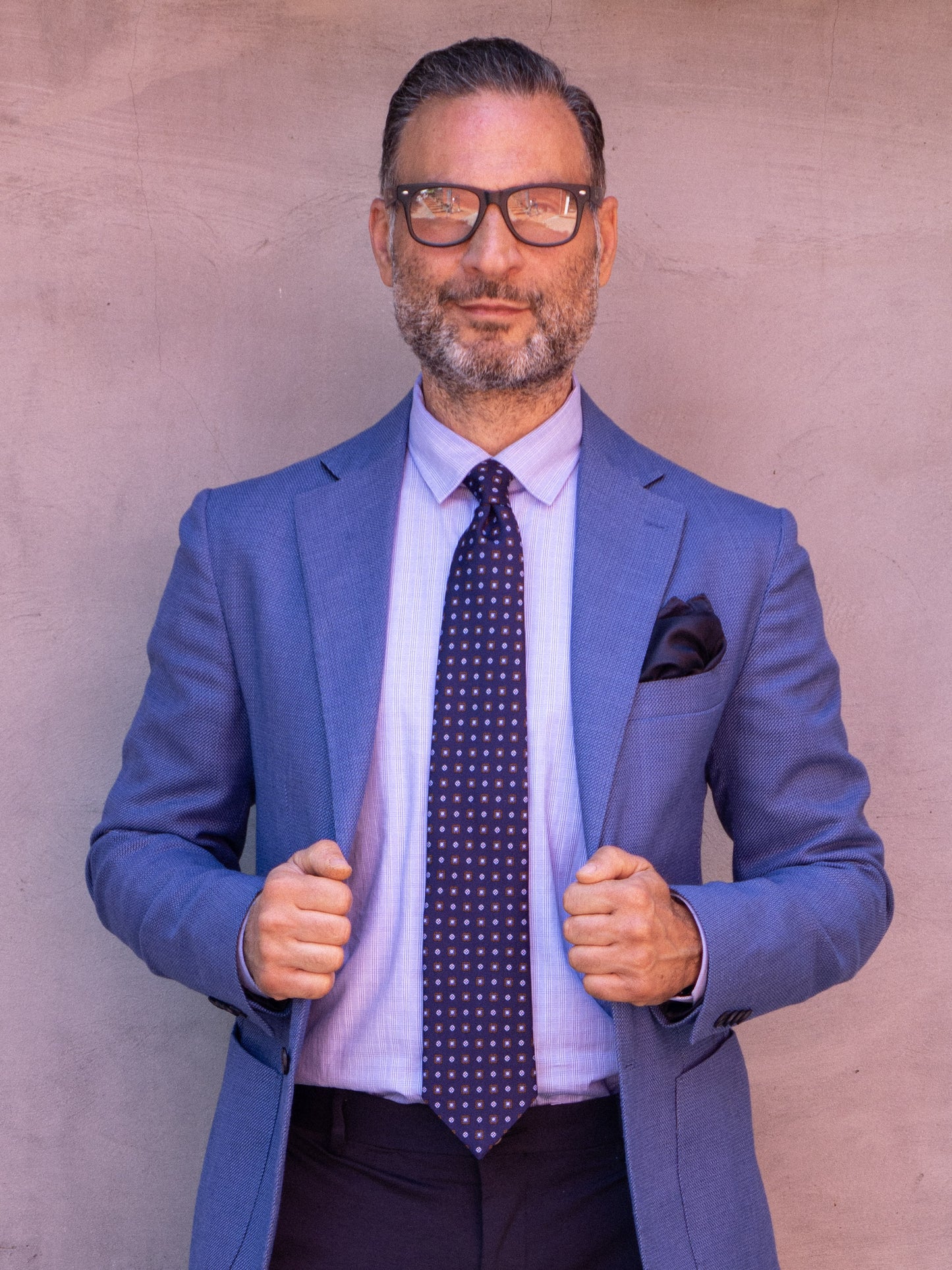 Blue 3 Fold tie GRACIA in Printed English Silk