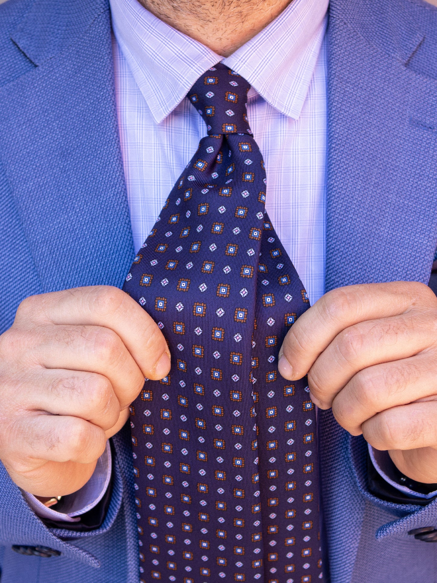 Blue 3 Fold tie GRACIA in Printed English Silk