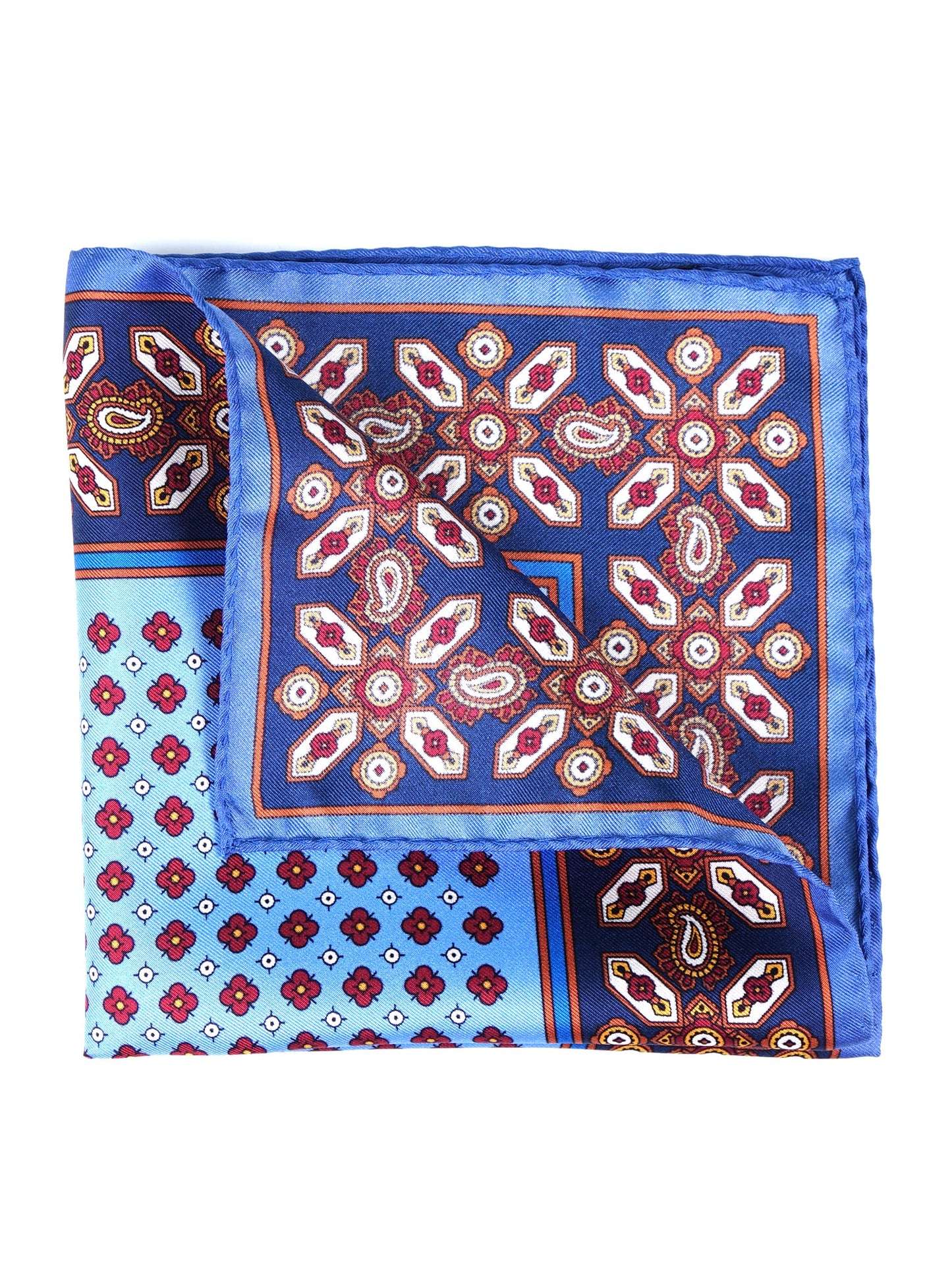 Light Blue Silk Pocket Square with ROSARIO Print