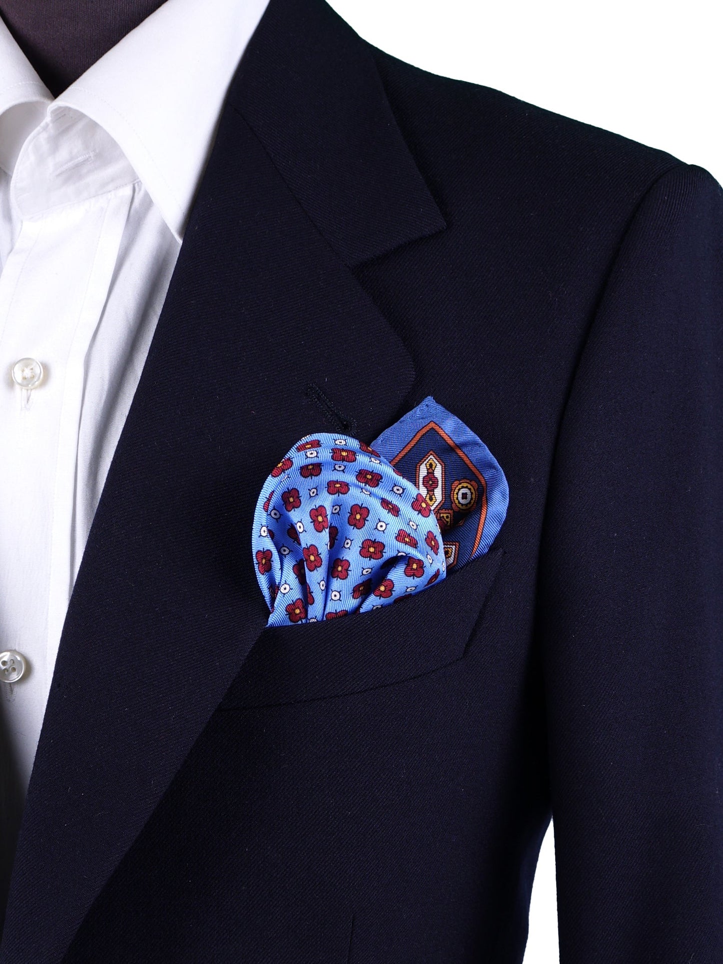 Light Blue Silk Pocket Square with ROSARIO Print