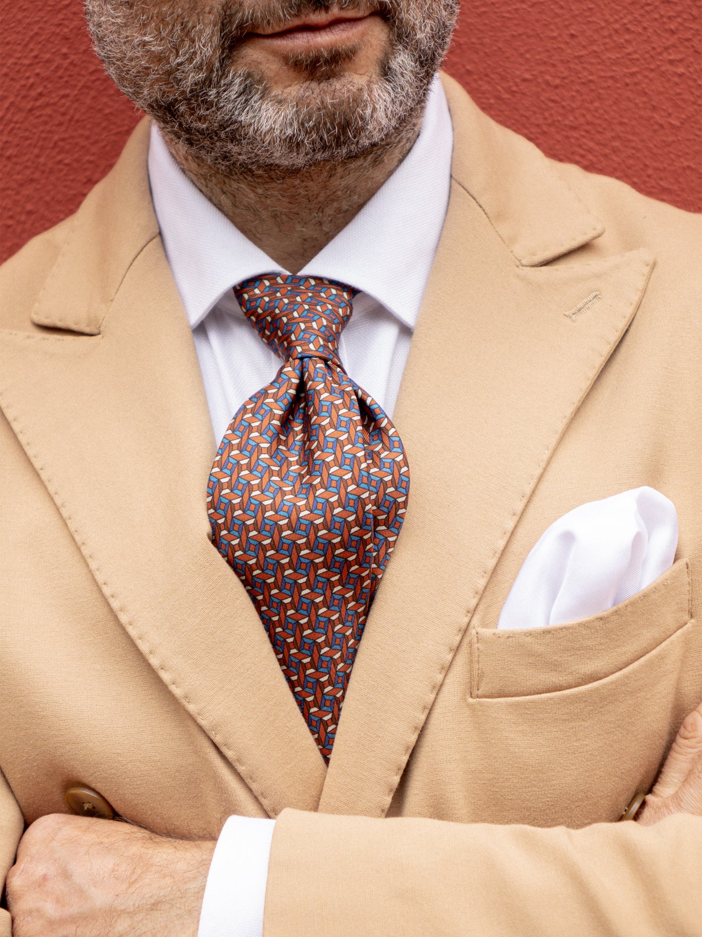 3 fold ROMBOID printed silk tie Rust