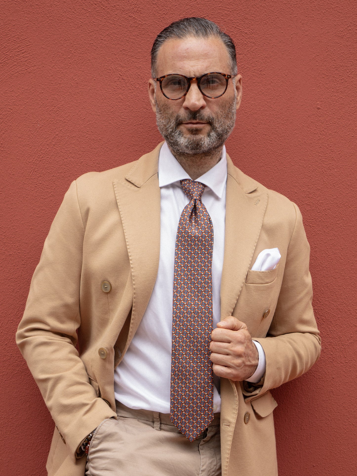 3 fold ROMBOID printed silk tie Rust
