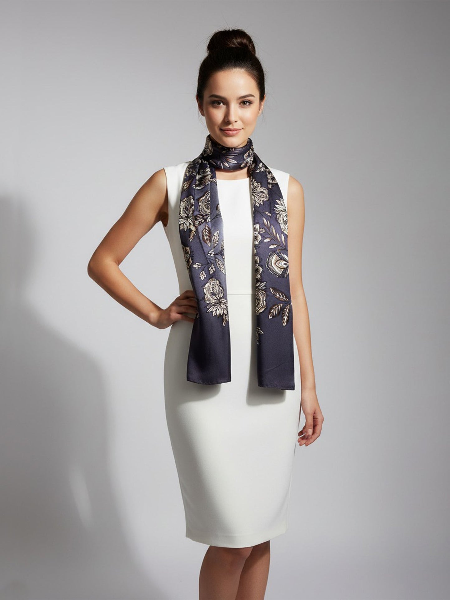 Dark gray stola scarf in pure silk satin printed FRANCESCA