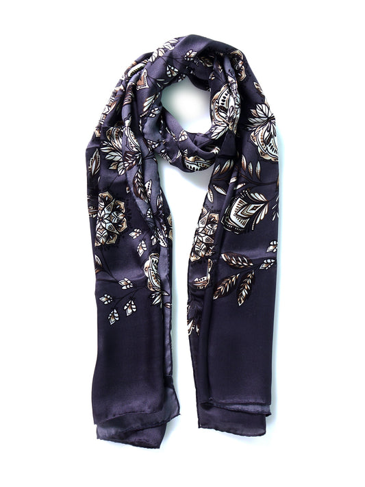 Dark Grey Stole Scarf in Pure Silk Satin Printed FRANCESCA
