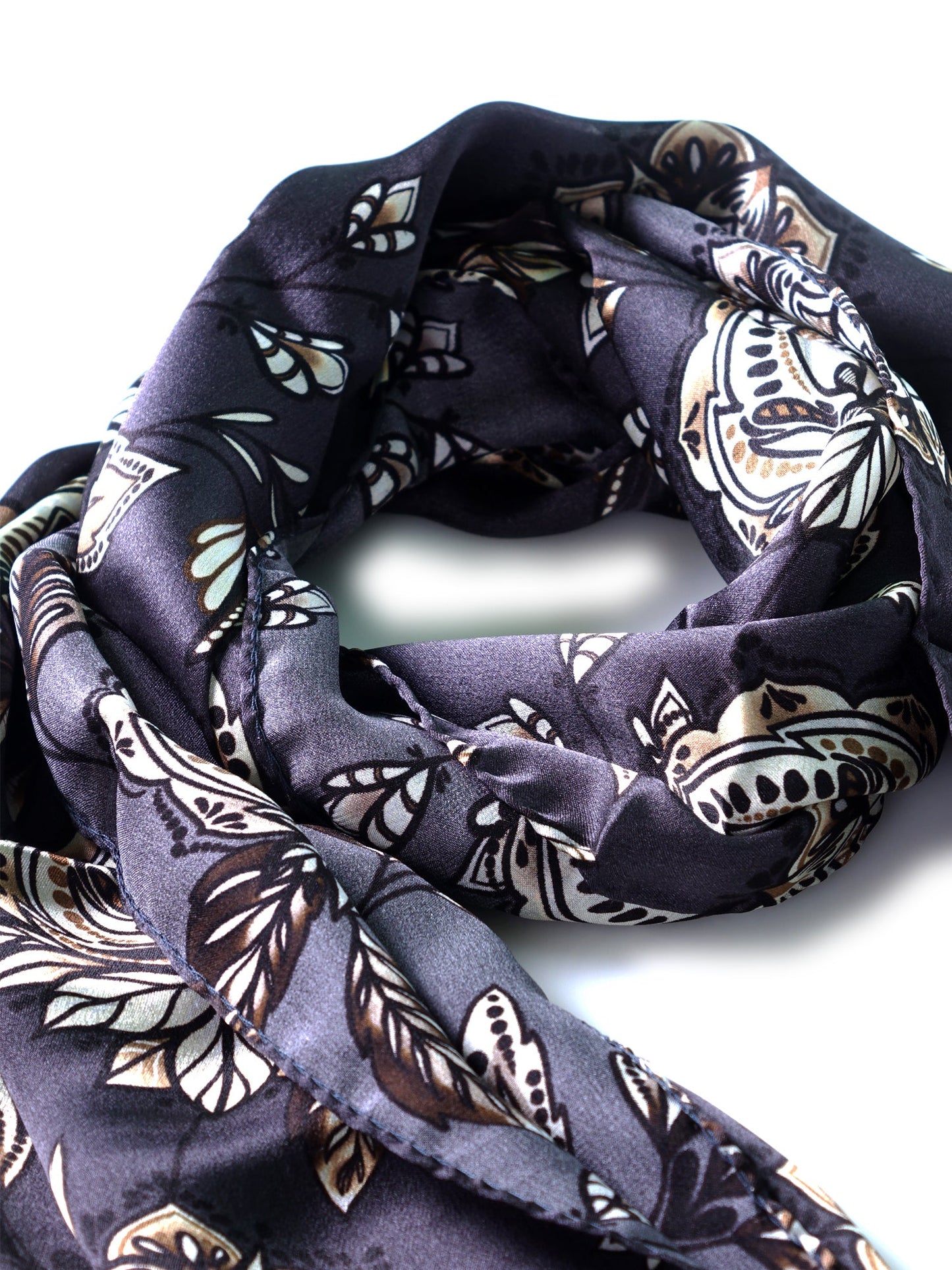 Dark gray stola scarf in pure silk satin printed FRANCESCA