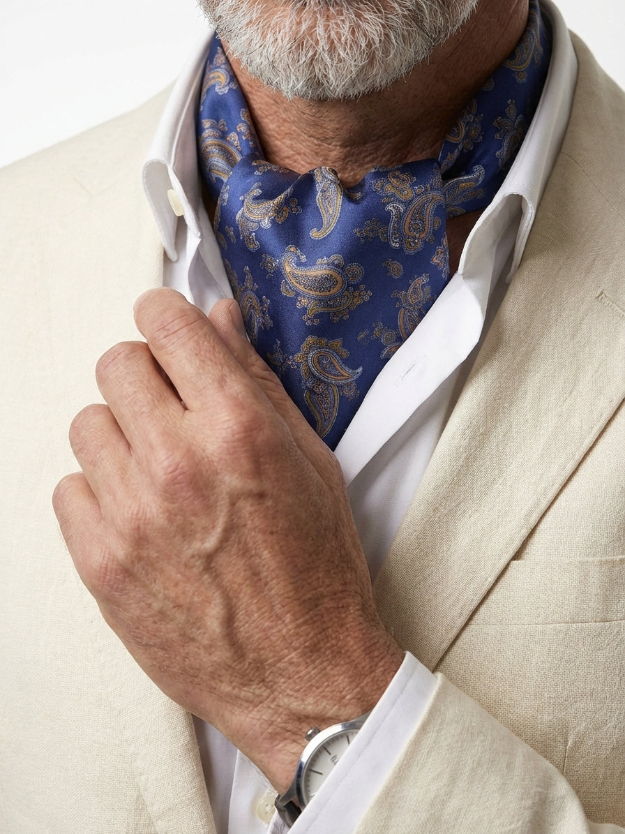 Ascot doppia punta blu in seta raso stampata NERUDA
