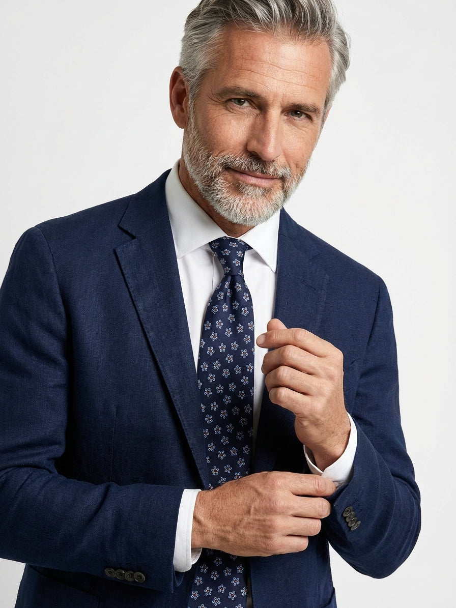 Cravatta 3 Pieghe TWINORIS blu scuro seta stampata inglese