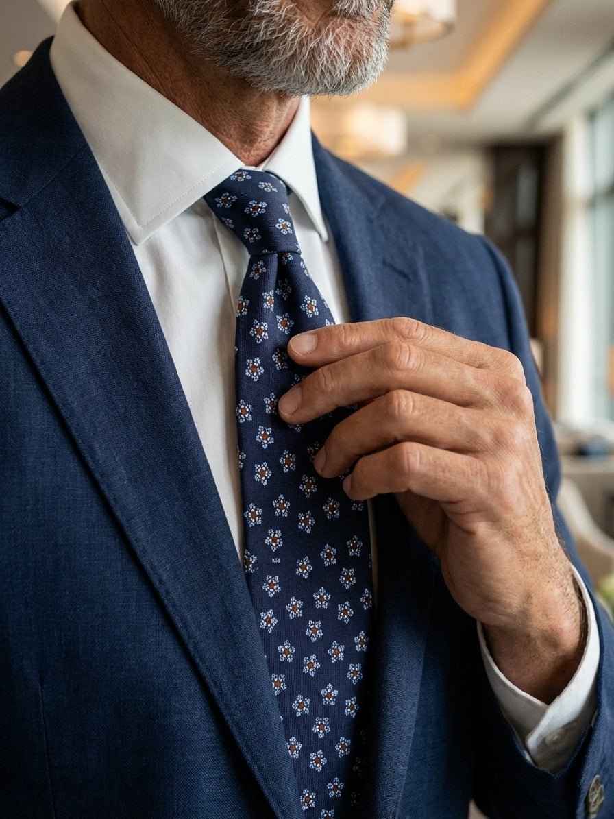 Cravatta 3 Pieghe TWINORIS blu scuro seta stampata inglese