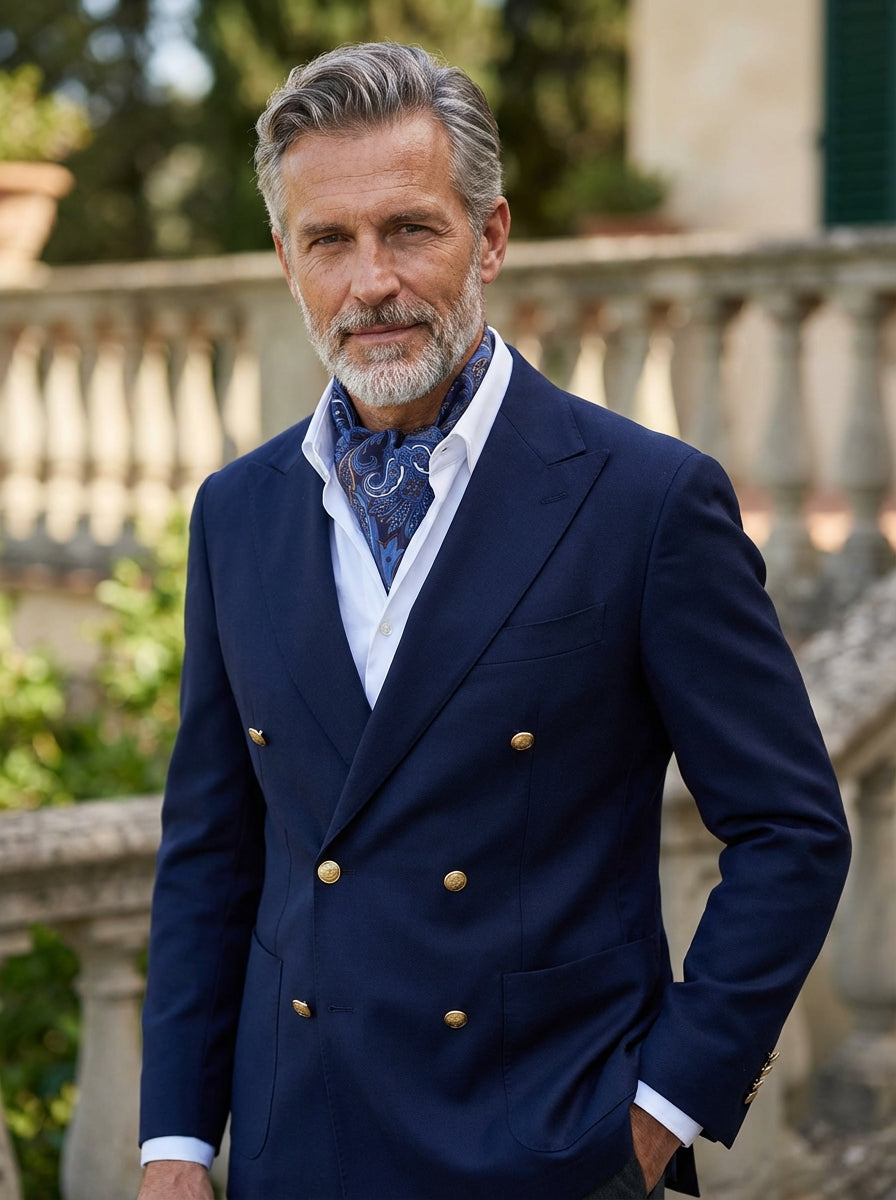 Ascot doppia punta blu in seta stampata ACCIO