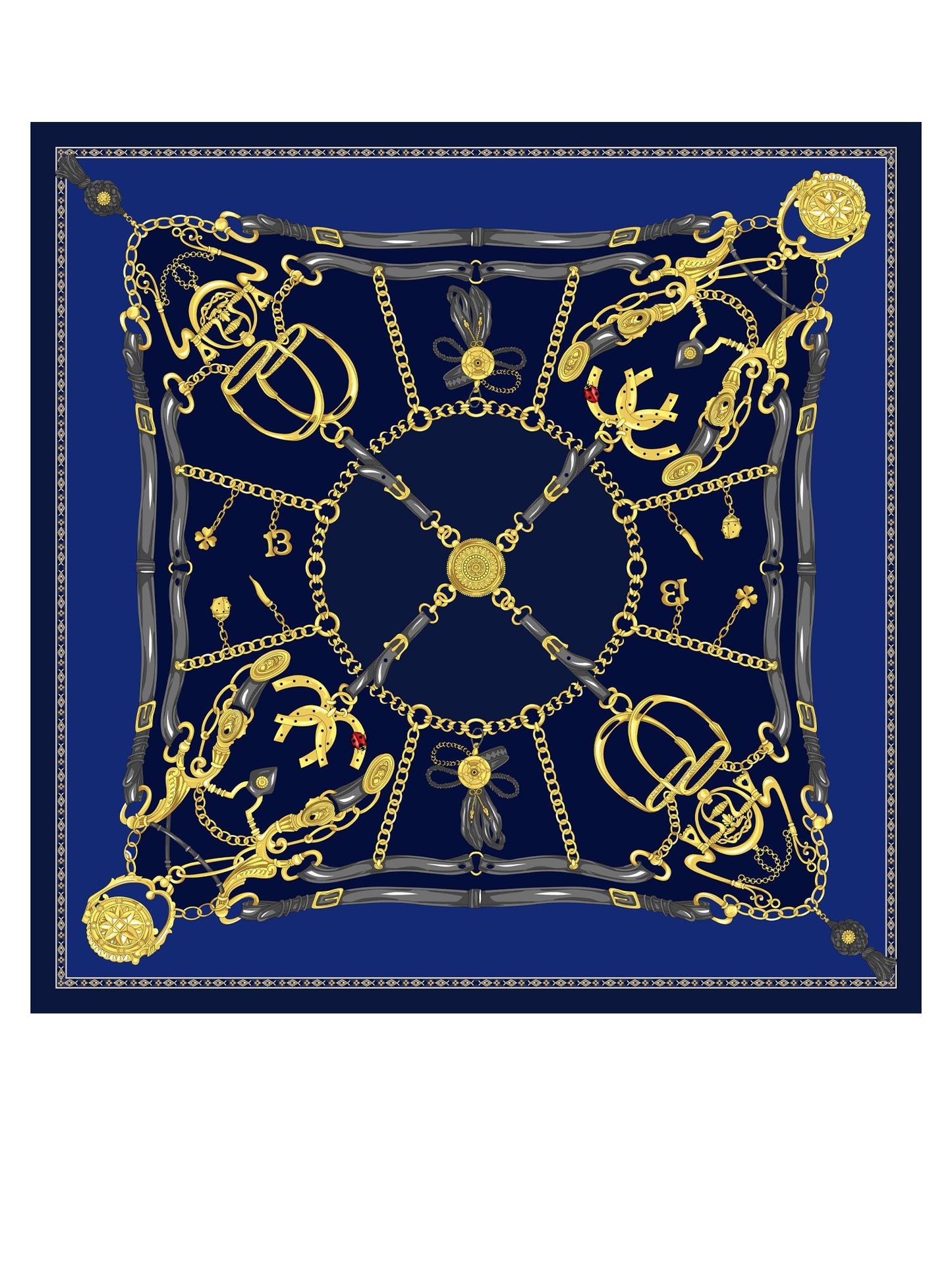 Blue silk scarf 90x90cm GOOD LUCK