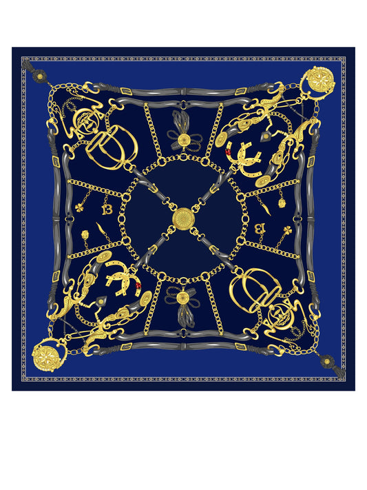 Blue silk scarf 90x90cm GOOD LUCK