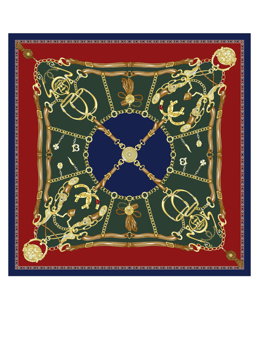 Green silk printed scarf 90x90cm GOOD LUCK