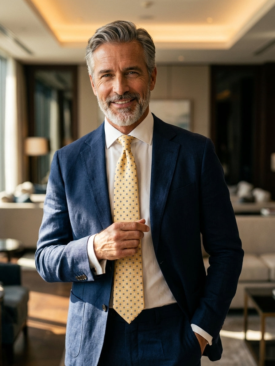 Cravatta 3 Pieghe gialla LUMINOR seta stampata inglese