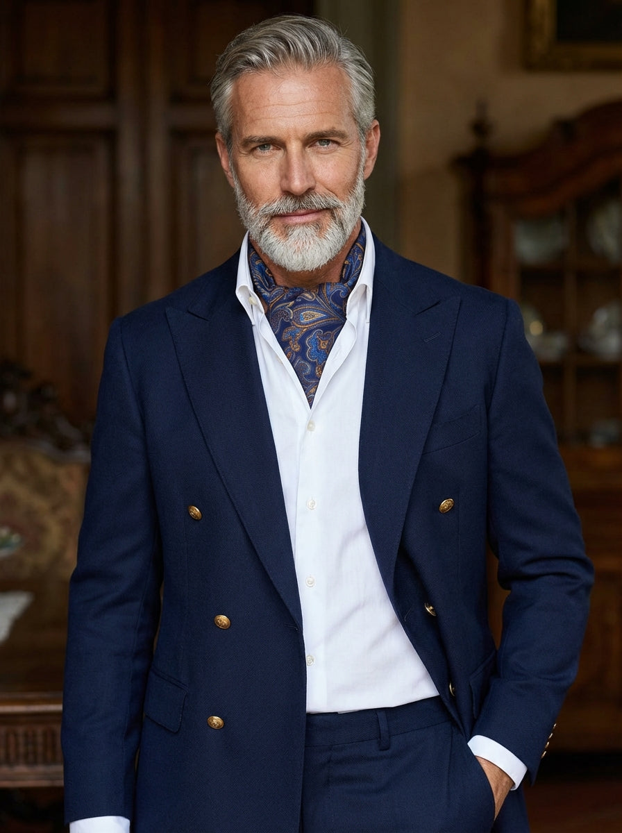 Ascot doppia punta blu in seta stampata RIFOLO