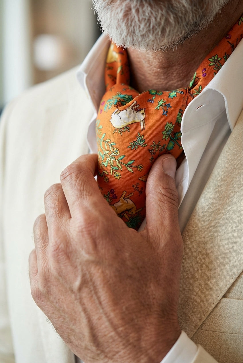 Ascot doppia punta arancione in seta stampata inglese PETALO