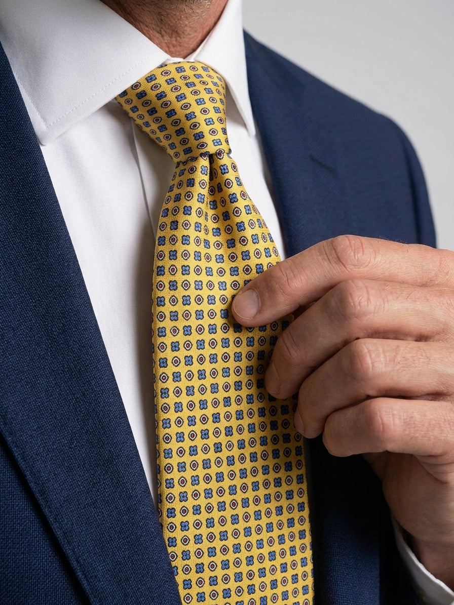 Cravatta 3 Pieghe gialla NAVì seta stampata inglese