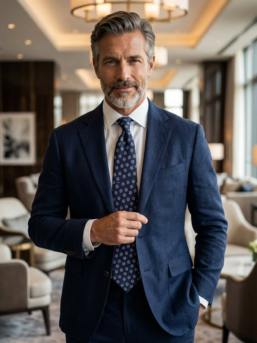 Cravatta 3 Pieghe TWINORIS blu scuro seta stampata inglese