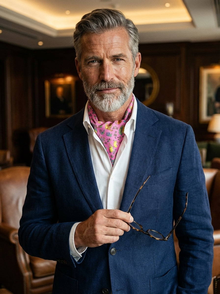 Ascot doppia punta rosa in seta stampata inglese PETALO