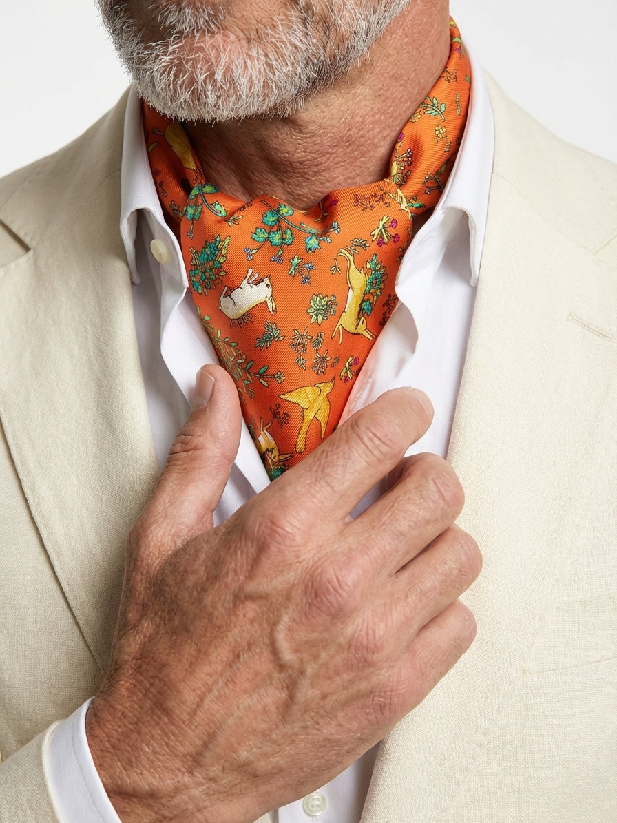 Ascot doppia punta arancione in seta stampata inglese PETALO