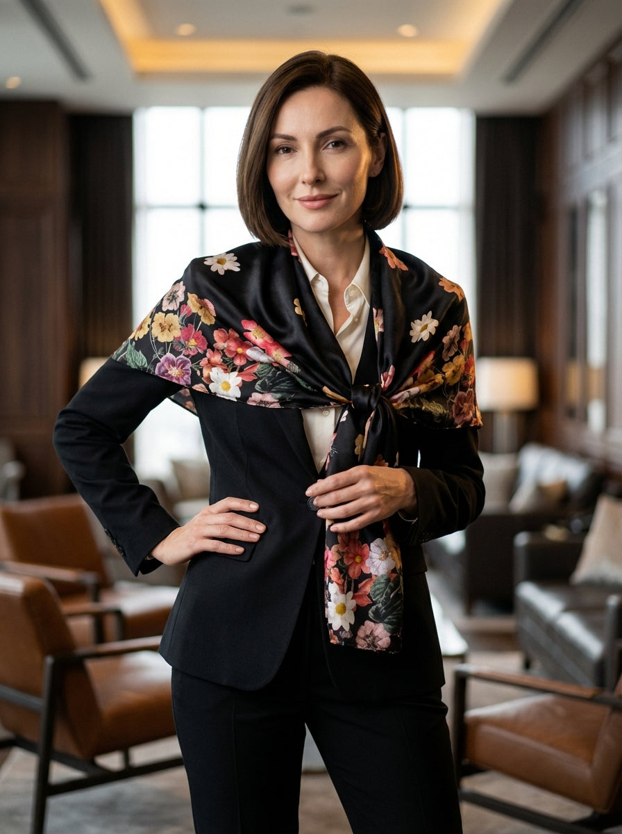 Stola in pura seta raso stampato Nero FLOVER