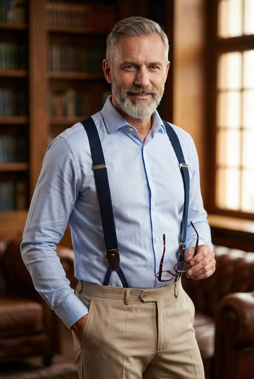 Bretella a Y in elastico blu scuro con lacci in tessuto blu e clip ELASTIC