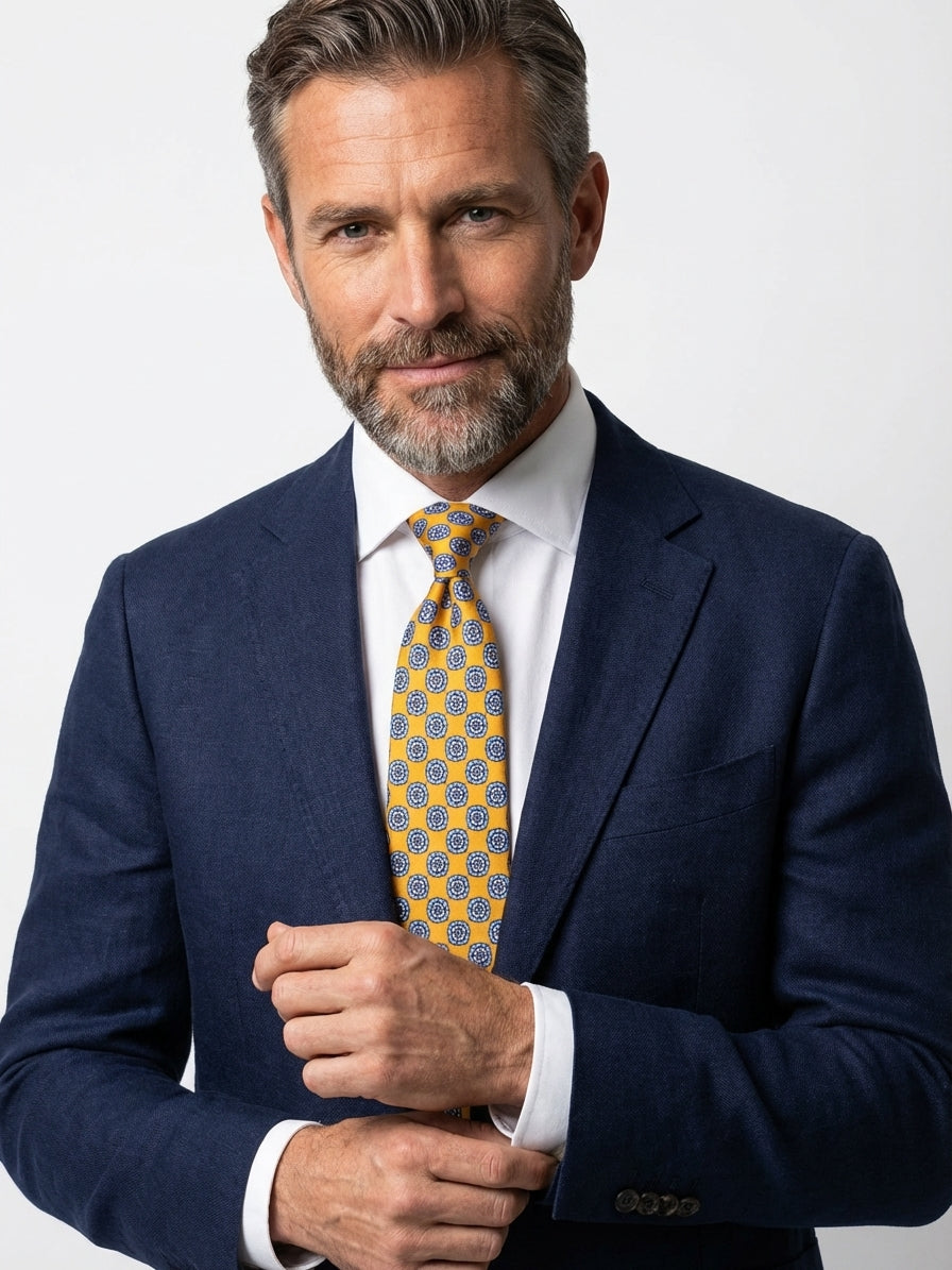 Cravatta 3 Pieghe gialla SUNFLOWER seta stampata inglese