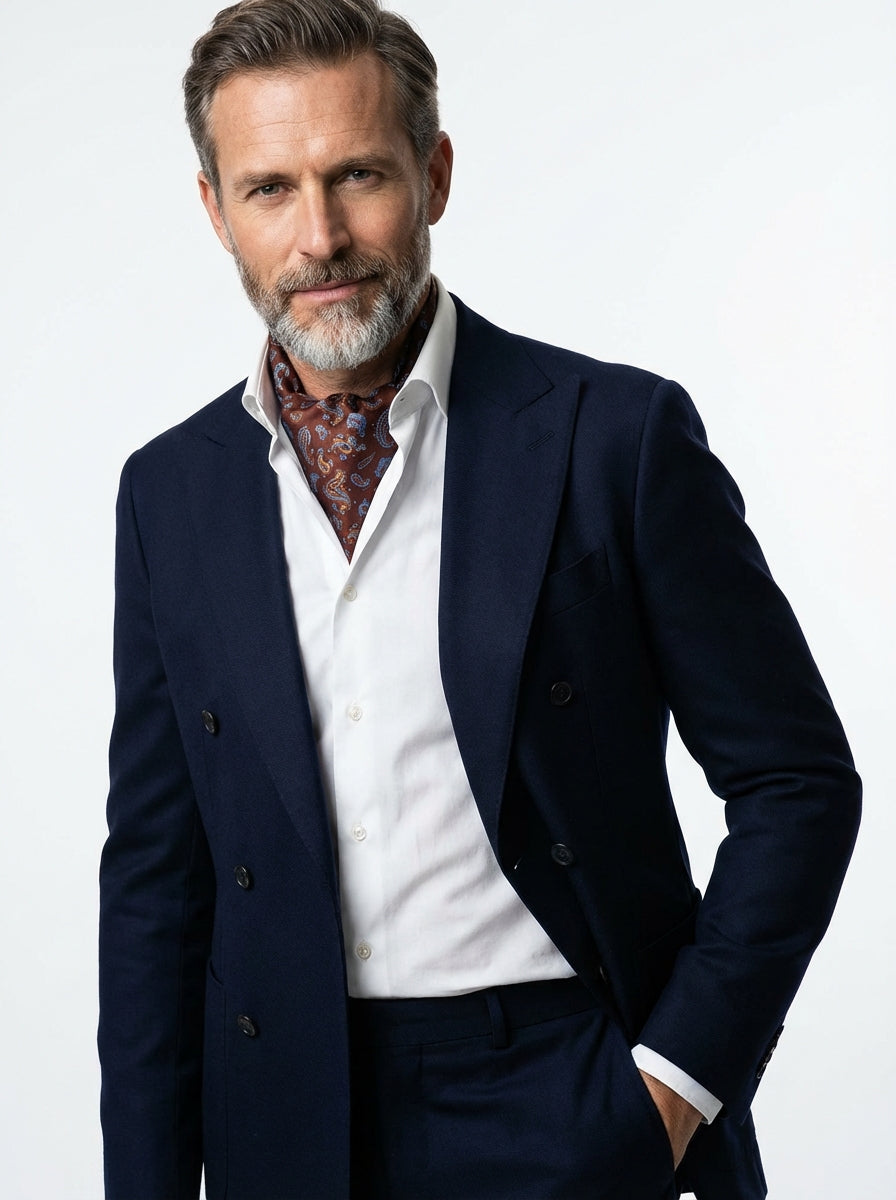 Ascot doppia punta marrone in seta raso stampata LEVIOSO