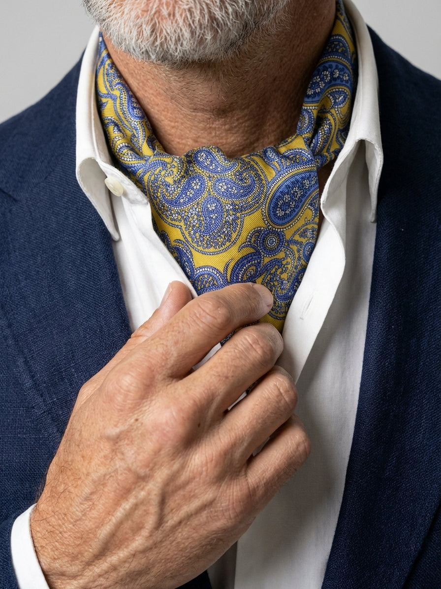 Ascot doppia punta giallo in seta stampata SUNSEA