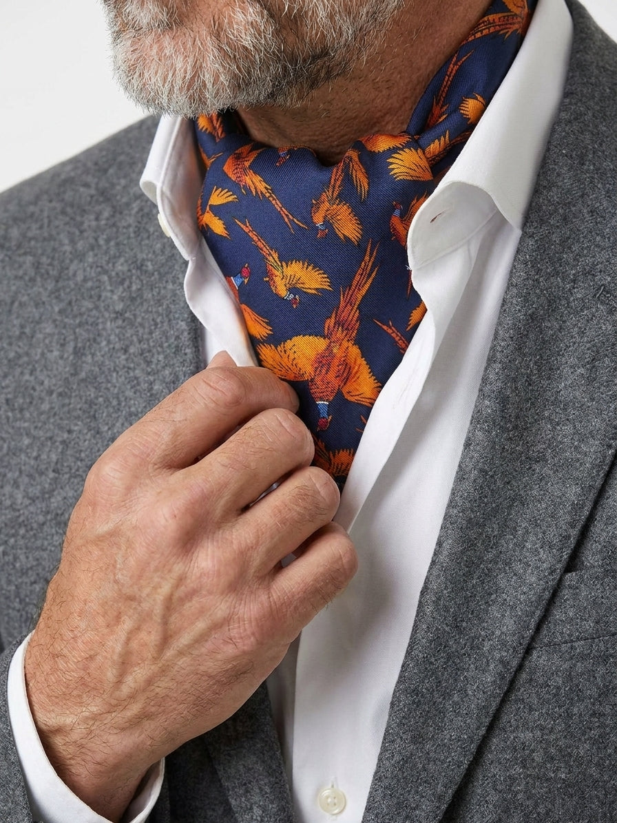 Ascot doppia punta blu in seta stampata FAGGIANO