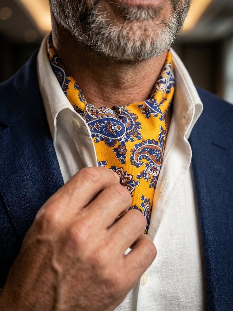 Ascot doppia punta giallo in seta inglese stampata GREVION