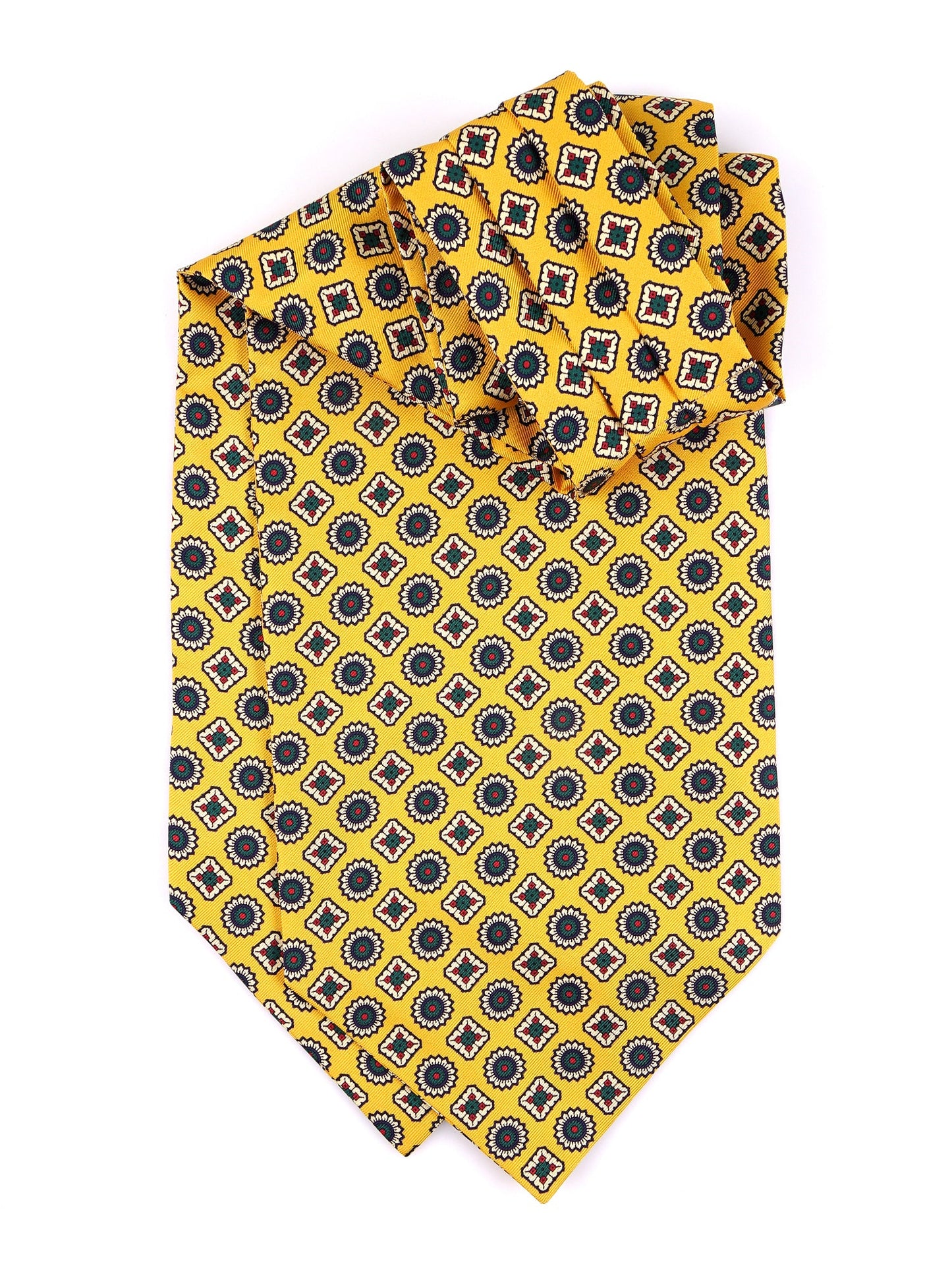 Yellow double-pointed ascot in English printed silk AURORA