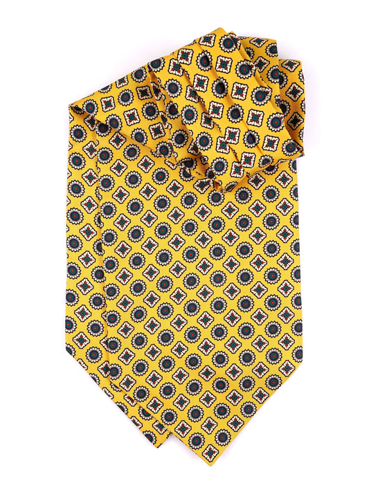 Yellow double-pointed ascot in English printed silk AURORA