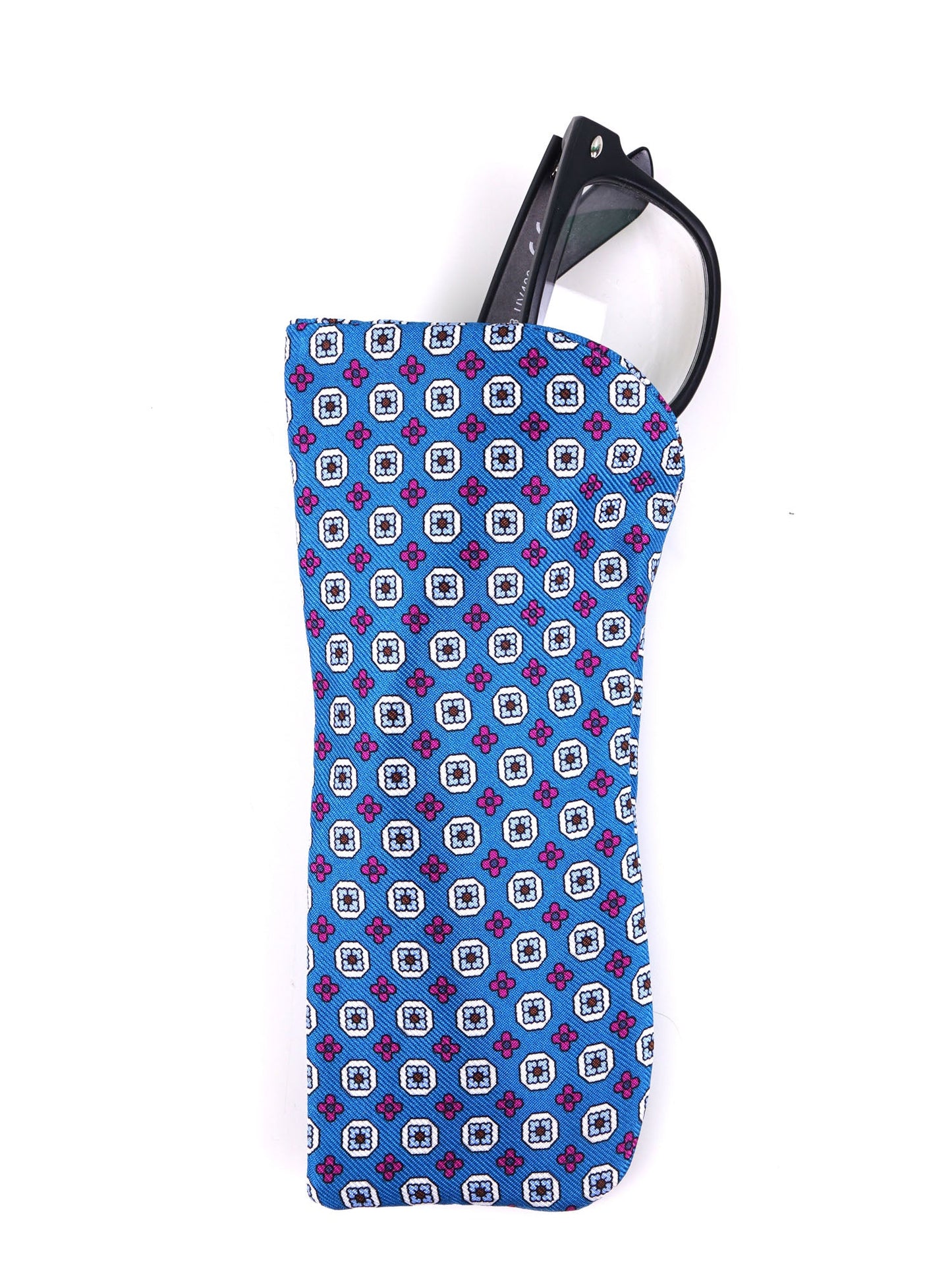 BASILE teal glasses case in English printed silk