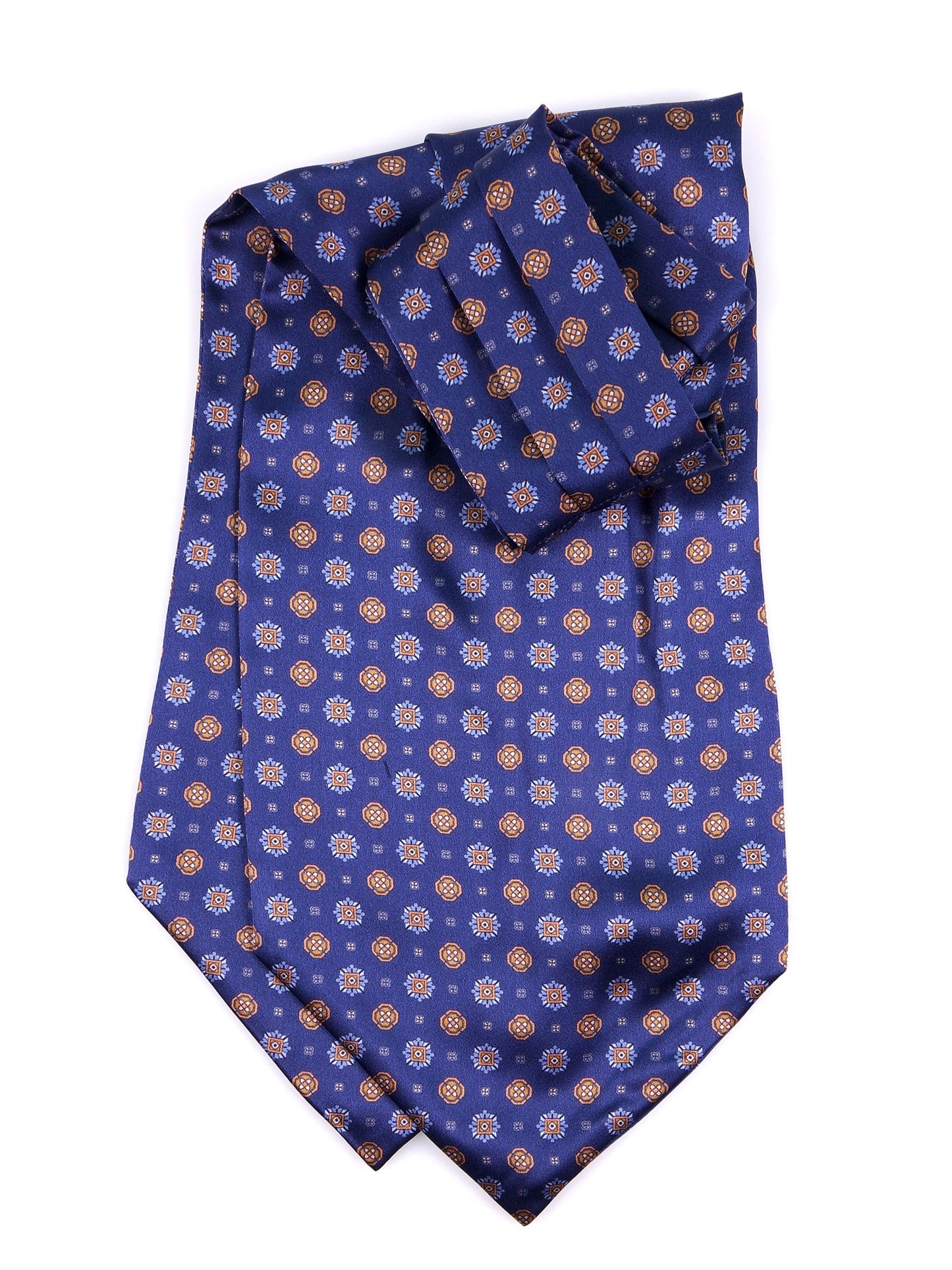 Blue Double-Pointed Printed Silk Satin Ascot BASTIK