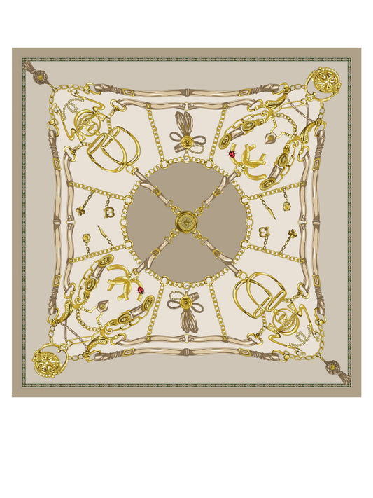 Beige silk scarf 90x90cm GOOD LUCK