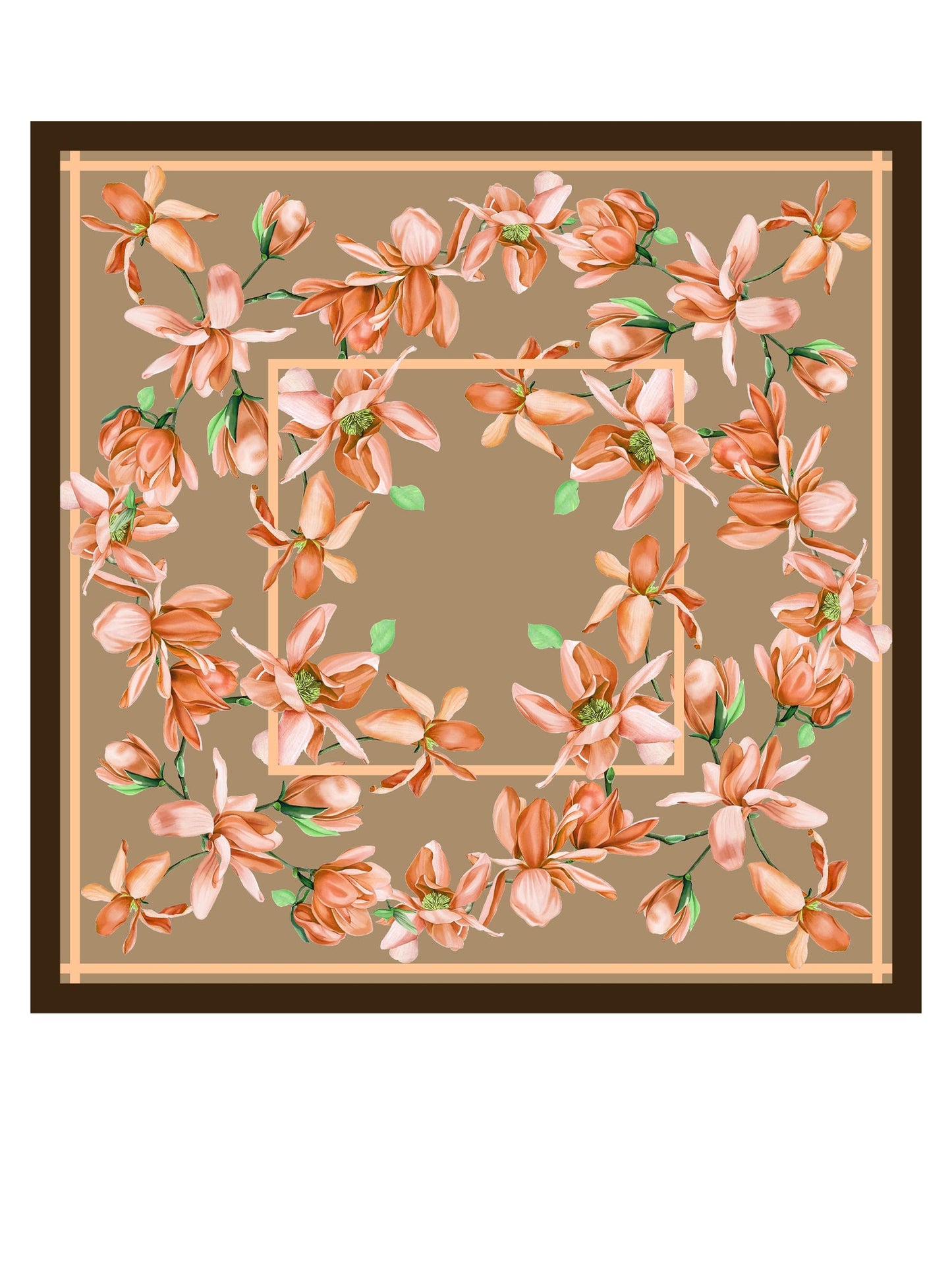 Brown silk scarf 90x90cm FLORAL printed