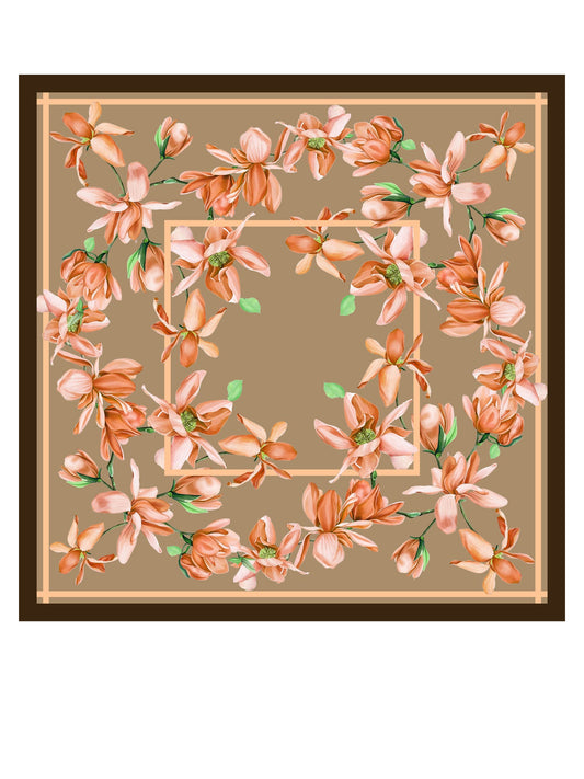 Brown silk scarf 90x90cm FLORAL printed