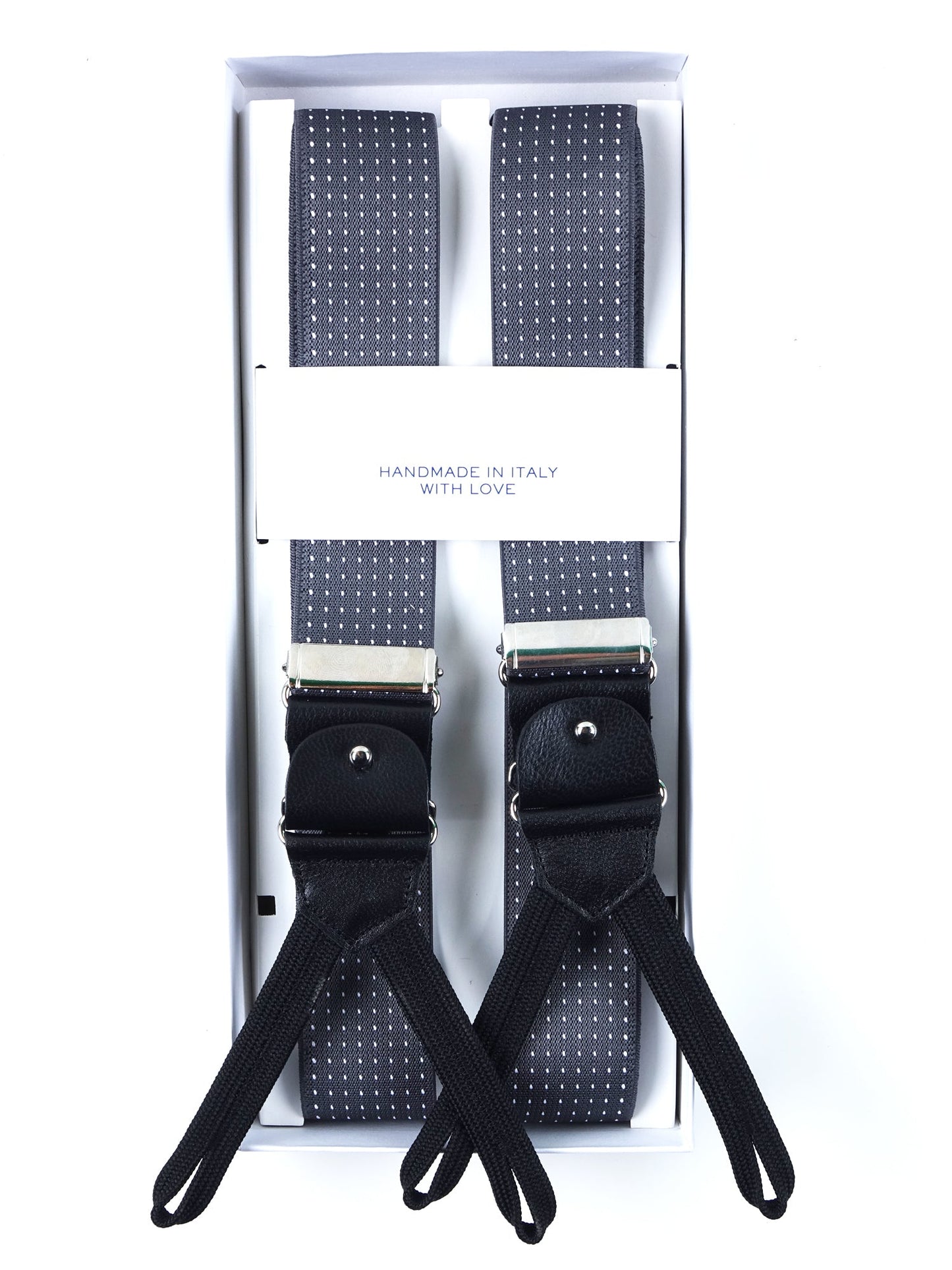 Y-shaped elastic polka dot suspenders with laces and clips ELASTIC Gray