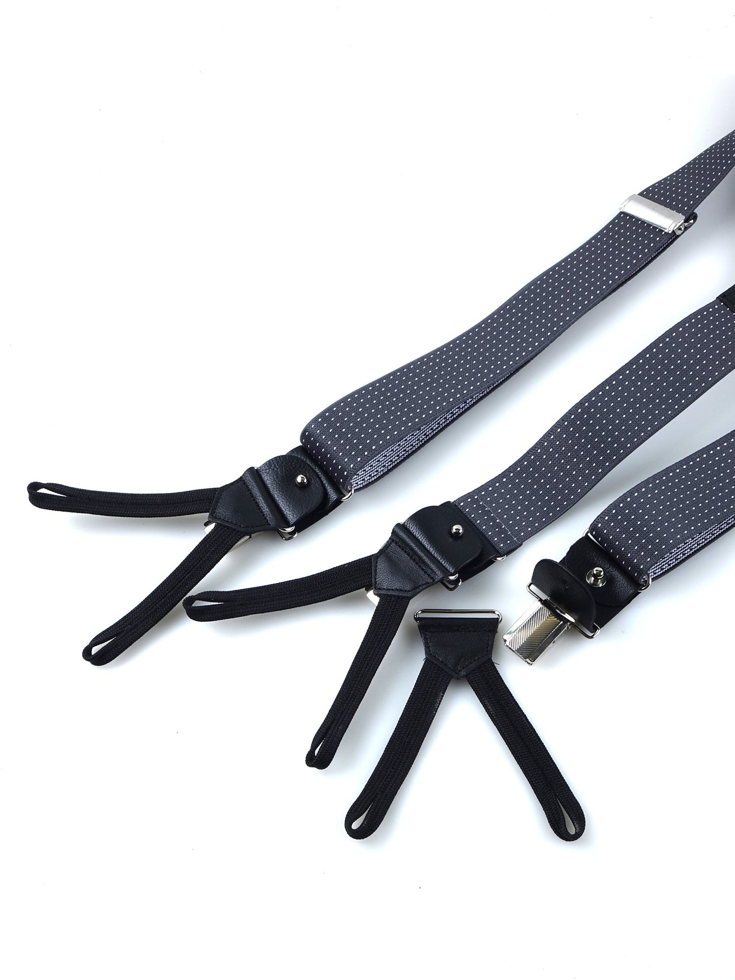 Y-shaped elastic polka dot suspenders with laces and clips ELASTIC Gray